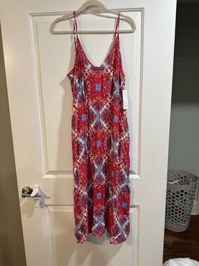 Red & Blue Printed Slip Dress
